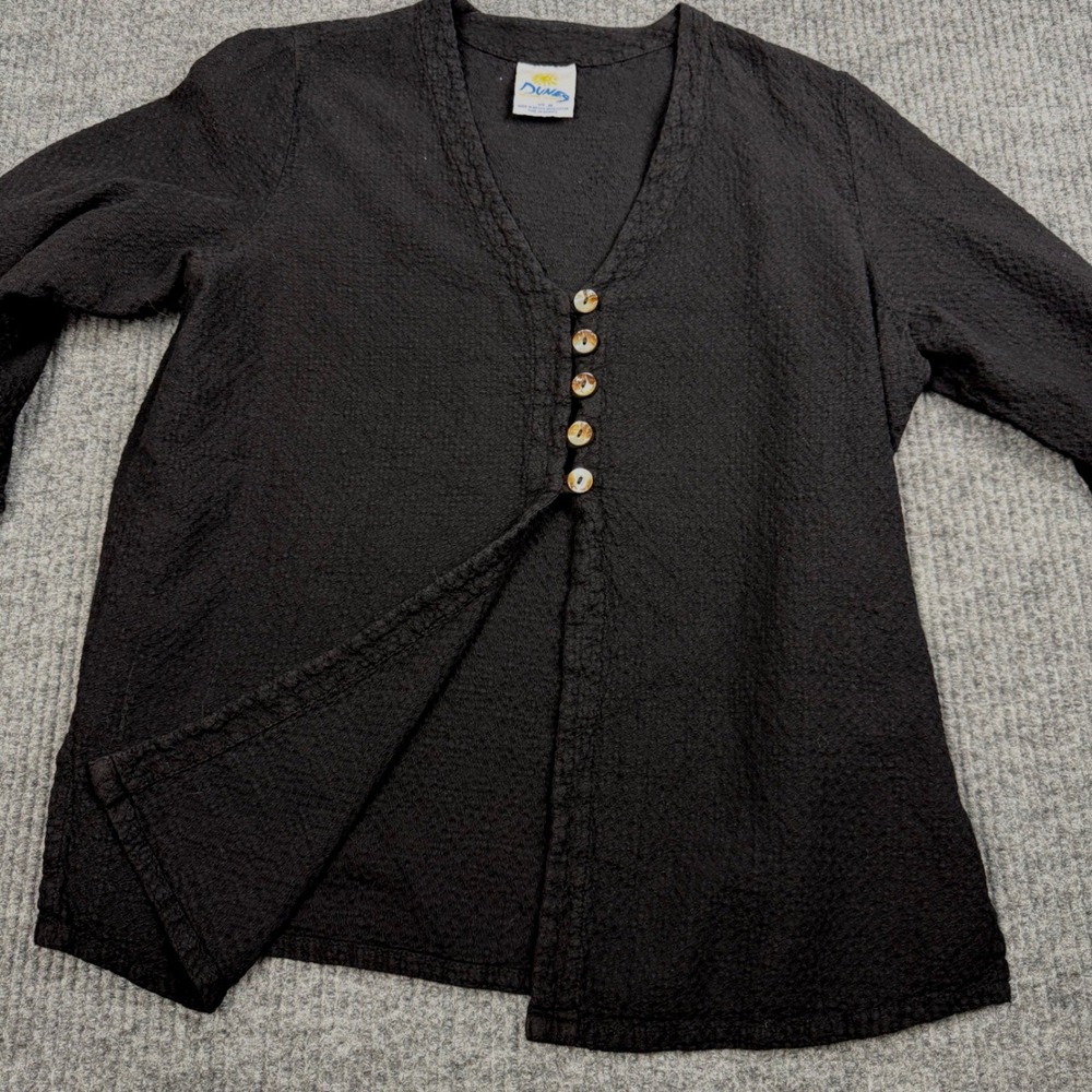 Dunes Top Womens M Black Cotton Textured 3/4 Sleeve Boho Lagenlook Coastal‎